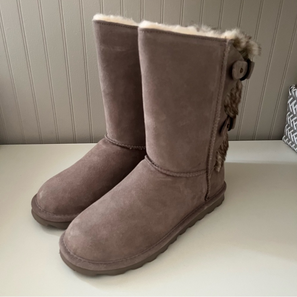 NWOB Bearpaw Eloise Stone Grey faux fur genuine suede mid calf boot size 9